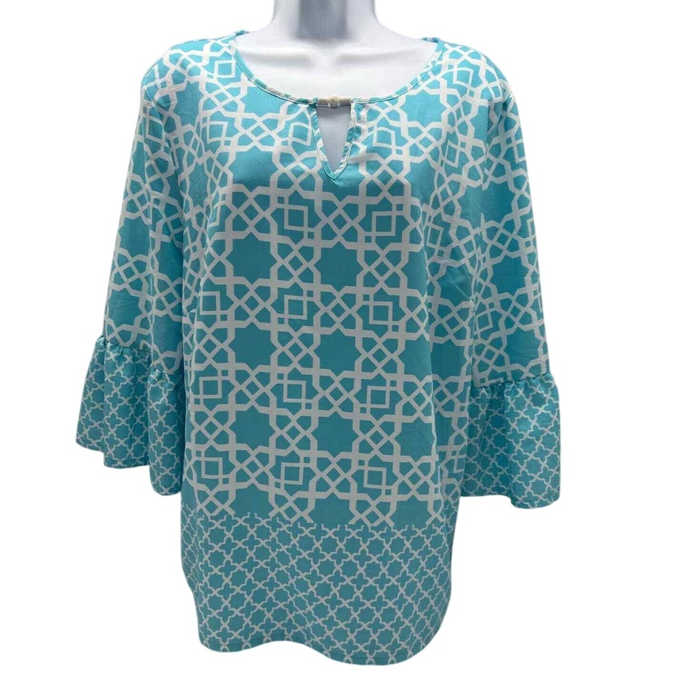 RUBY RD Women's Blouse 14 Ruffle‎ Sleeve Sky Blue White Spring Easter Career